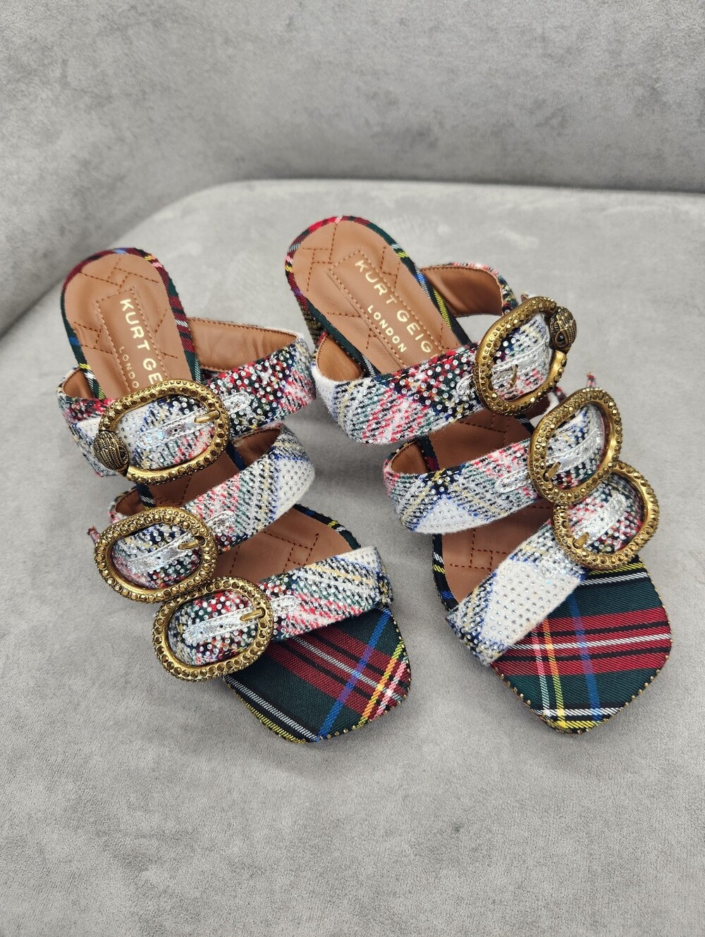 Kurt Geiger Heeled Mules 10 Plaid Mayfair Buckle Chunky Platform Sandal New $245 - Picture 4 of 16